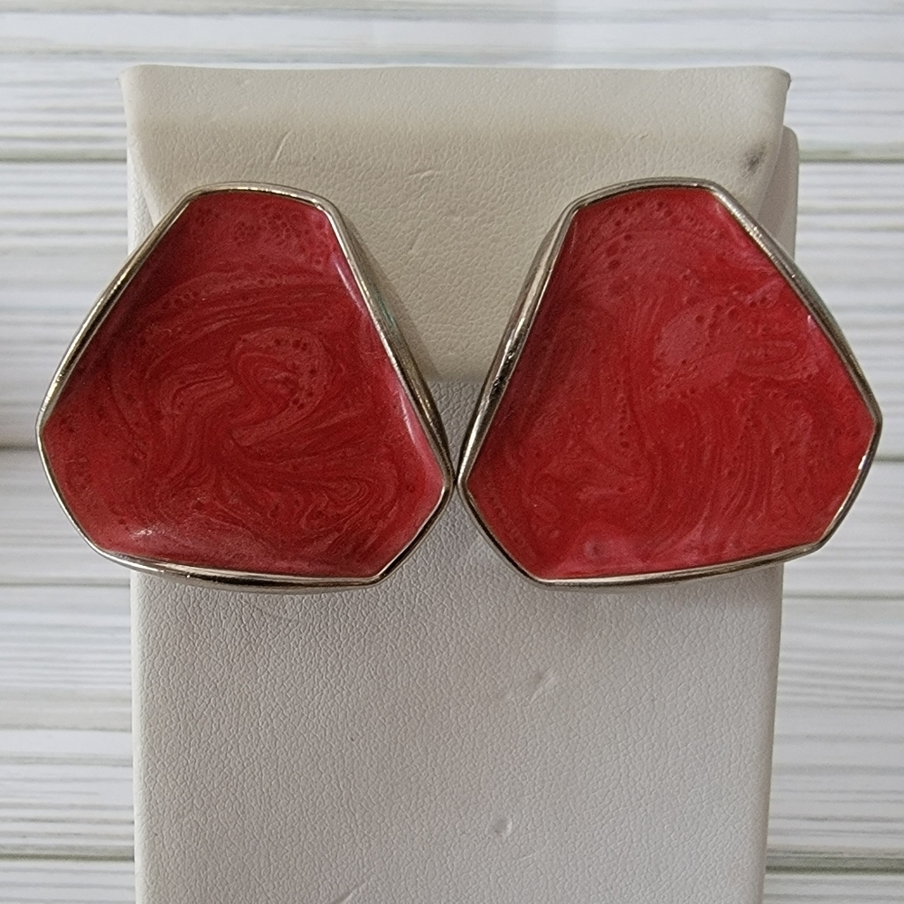 Vintage Red Marbled Enamel Silver Tone Geometric Statement Pierced Earrings